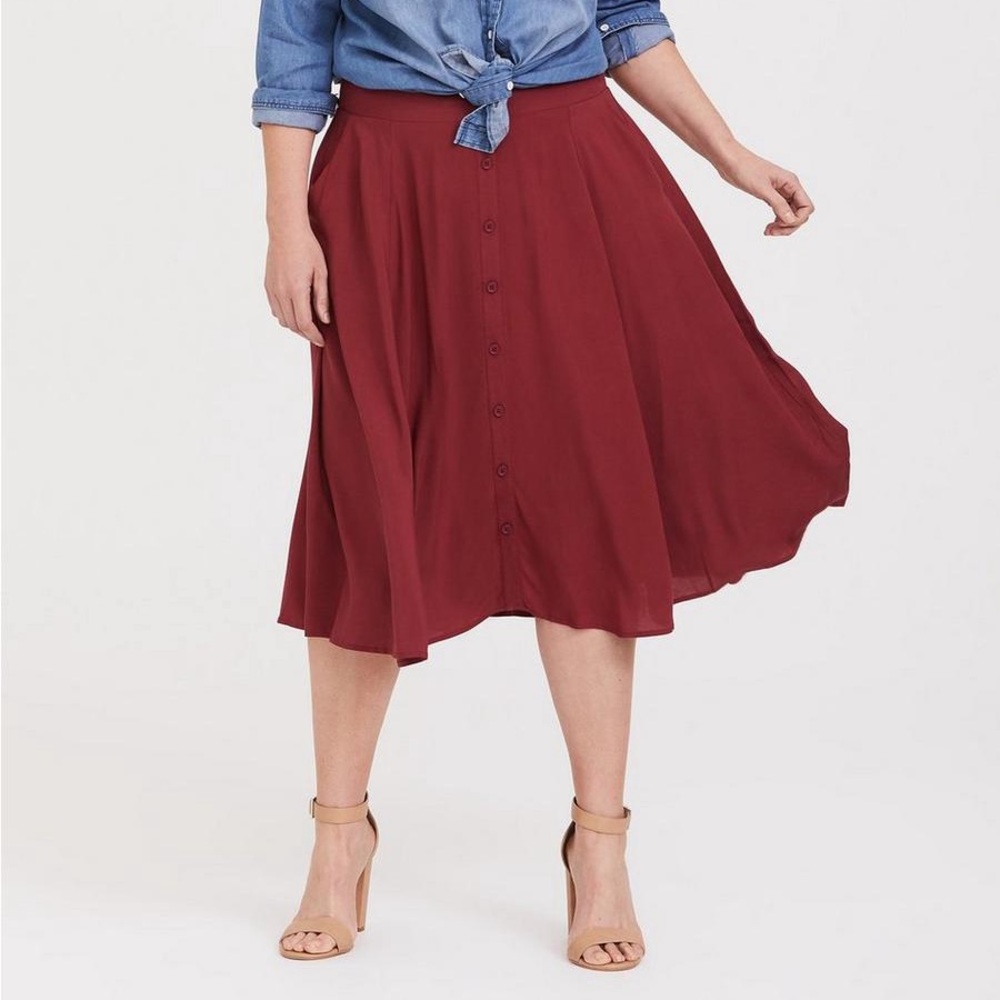 Torrid Burgundy Button Up Challis Midi Skirt